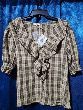 Easel Beige Plaid Ruffle V-Neck Blouse